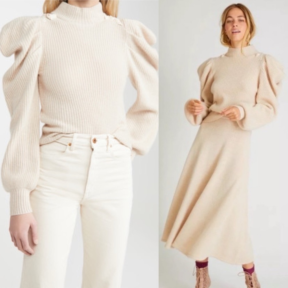 LoveShackFancy- Beige Potter Sweater Size S Cashmere Puff Sleeve Fall Fashion